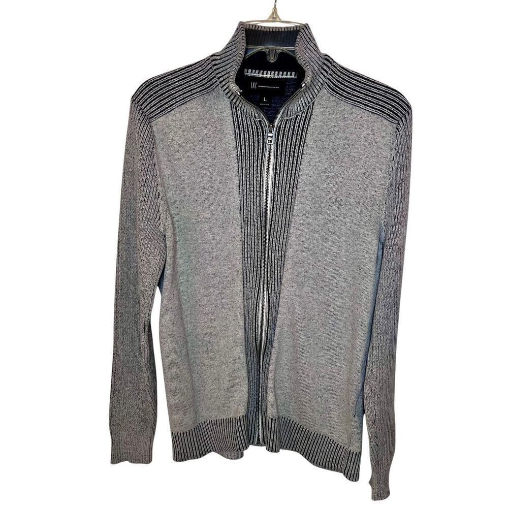 INC International Concepts Full Zip Gray Sweater Ribbed Men’s Sz Large Cotton